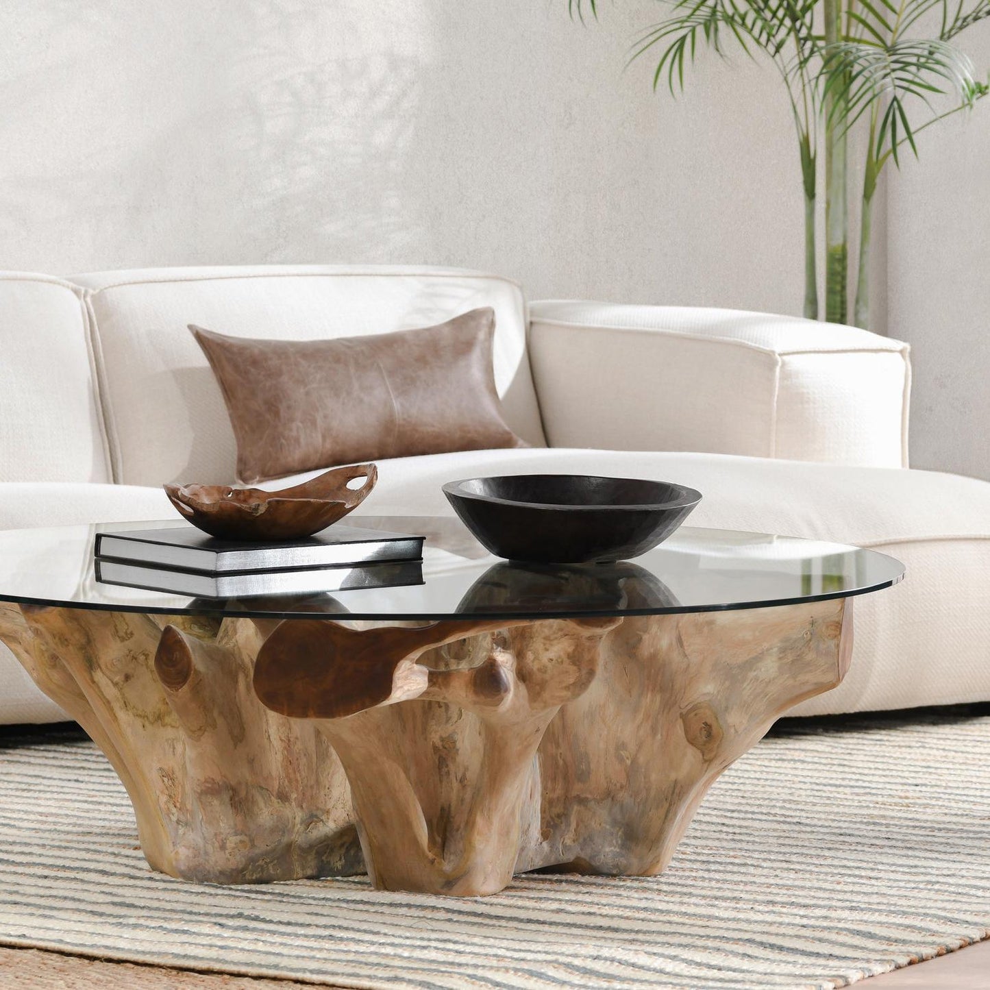 Willow Teak Root/Glass Round Coffee Table - Natural