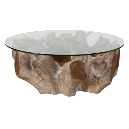 Hailey Teak Root/Glass Round Coffee Table - Natural White Wash