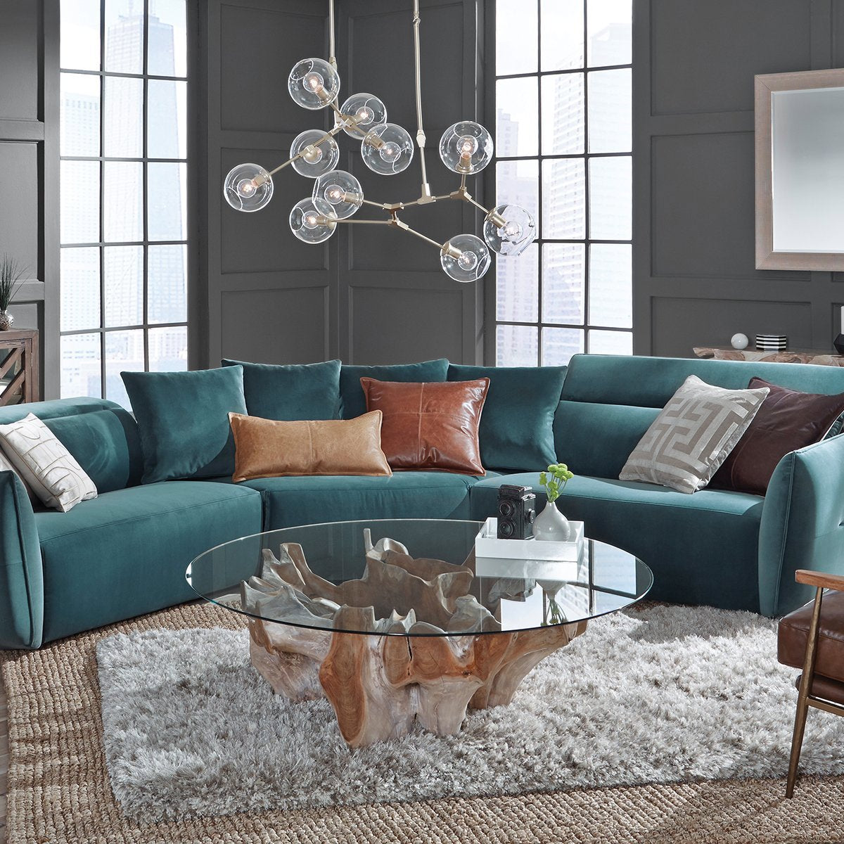 Hailey Teak Root/Glass Round Coffee Table - Natural White Wash