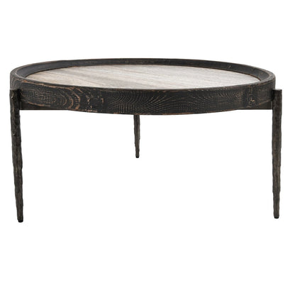 Dakota Travertine Round Coffee Table - Weathered Black/Travertine