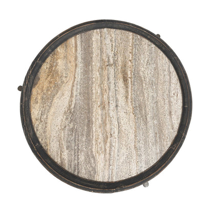 Dakota Travertine Round Coffee Table - Weathered Black/Travertine