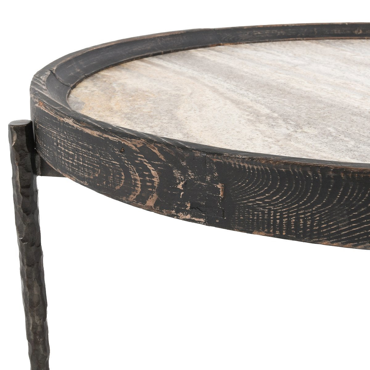 Dakota Travertine Round Coffee Table - Weathered Black/Travertine