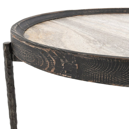 Dakota Travertine Round Coffee Table - Weathered Black/Travertine