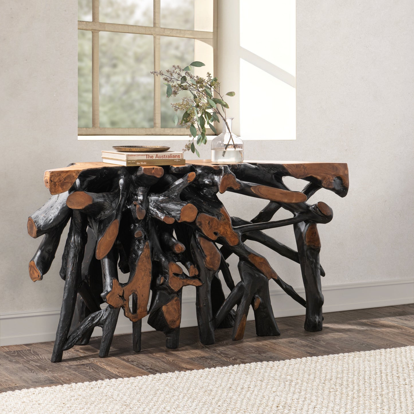 Cypress Teak Root Console Table 59-60" - Black-Brown