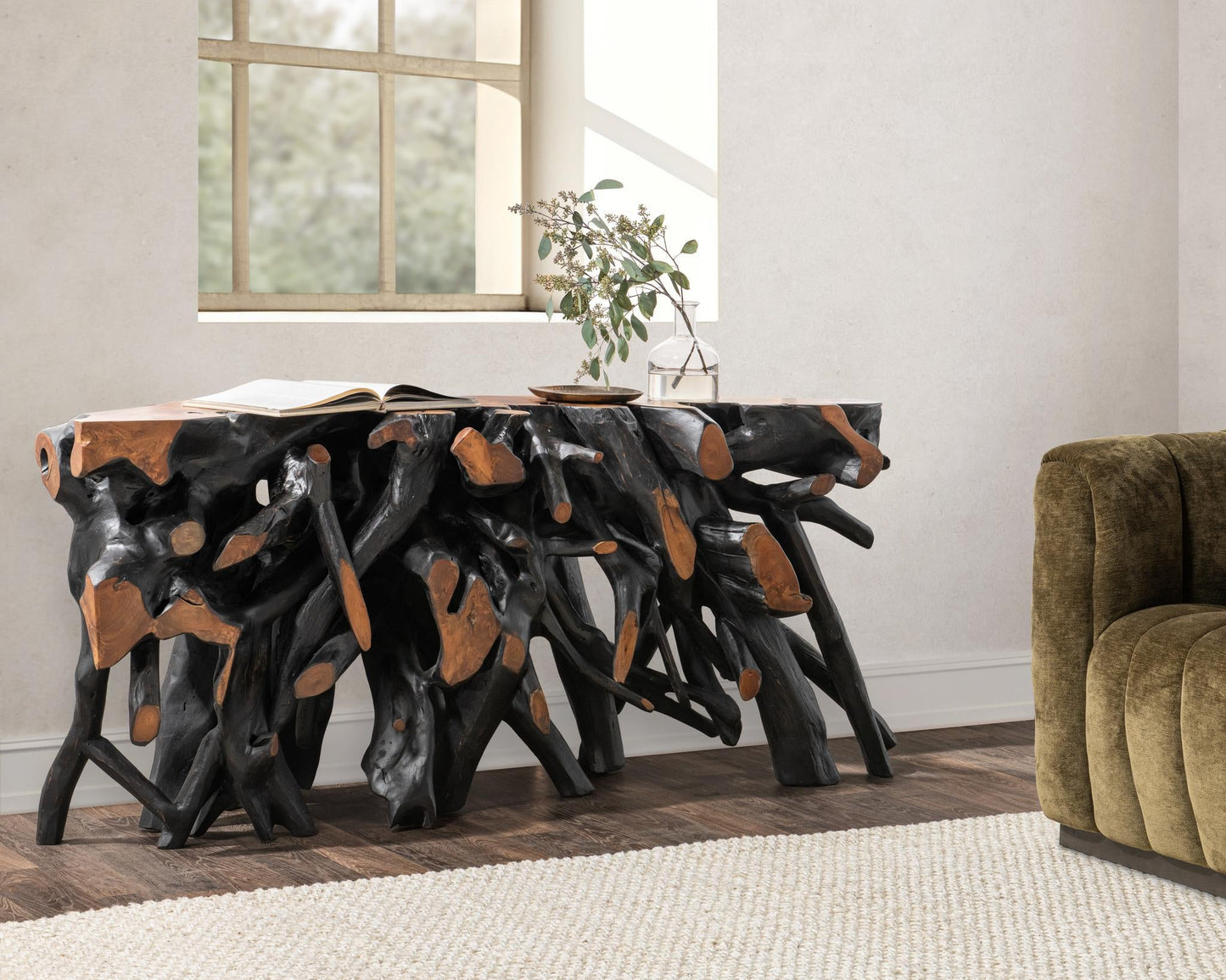 Cypress Teak Root Console Table 70- 71" - Black-Brown