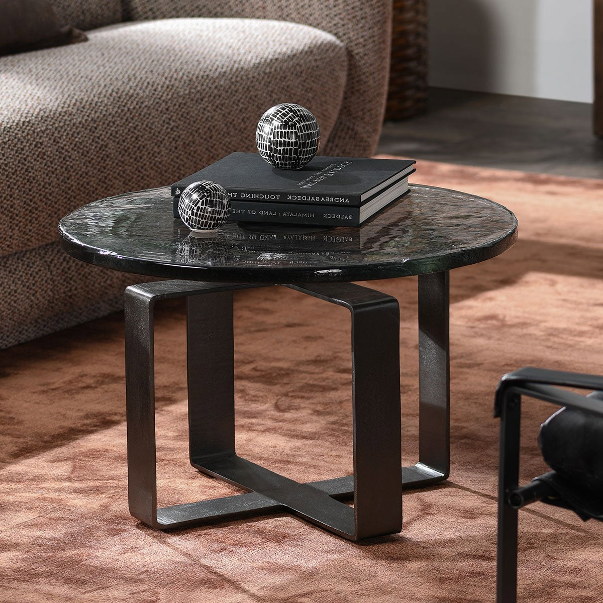 Keith Glass/Iron Round Coffee Table - Dark Antique