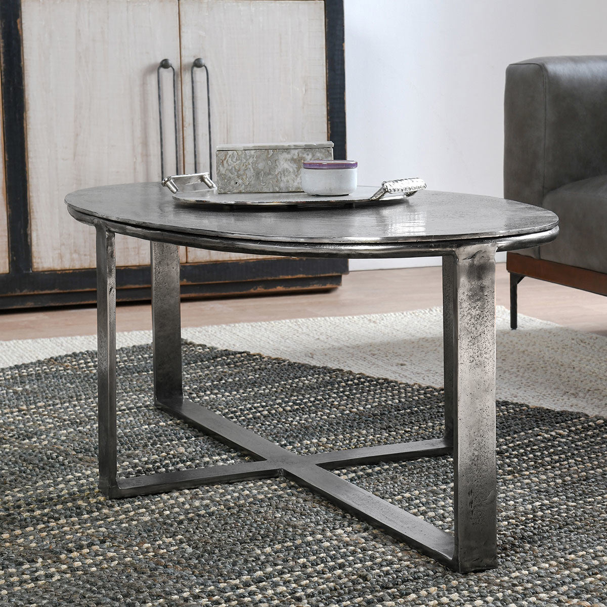 Flores Cast Aluminum Oval Coffee Table - Nickle