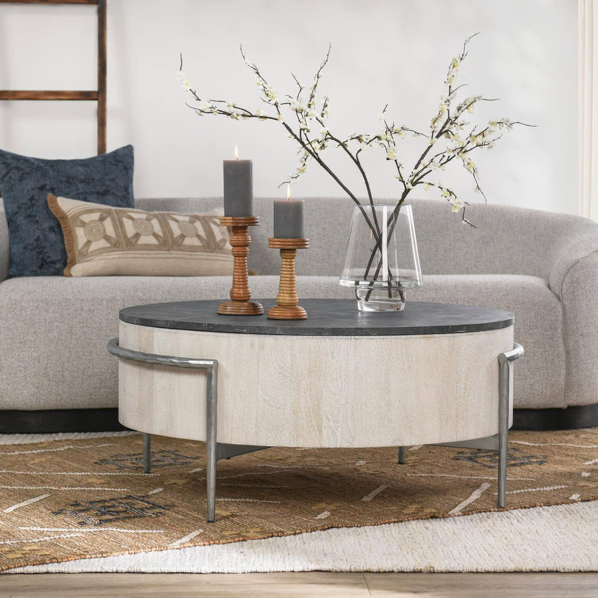 Honor Round Coffee Table - White Wash/Gray Stone