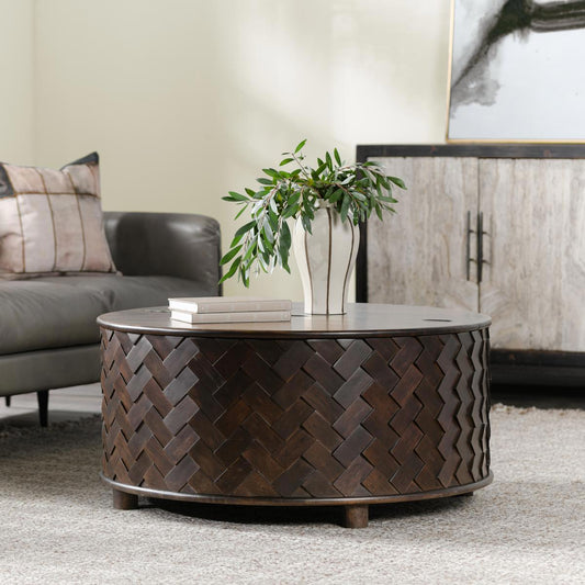 Shira Round Storage Coffee Table - Kona Brown