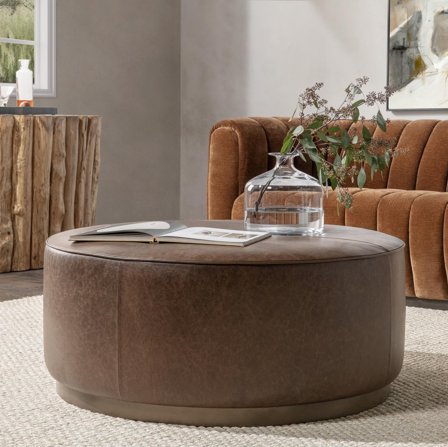 Clair Leather Round Coffee Table - Cocoa Brown