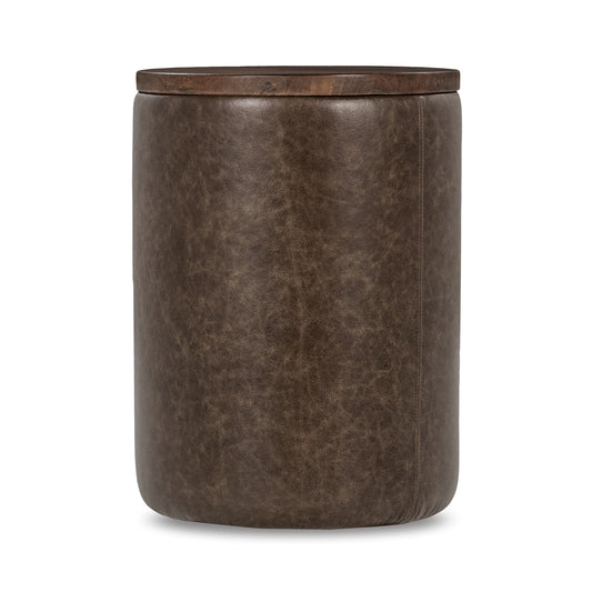 Andra Leather Round Accent Table - Cocoa Brown