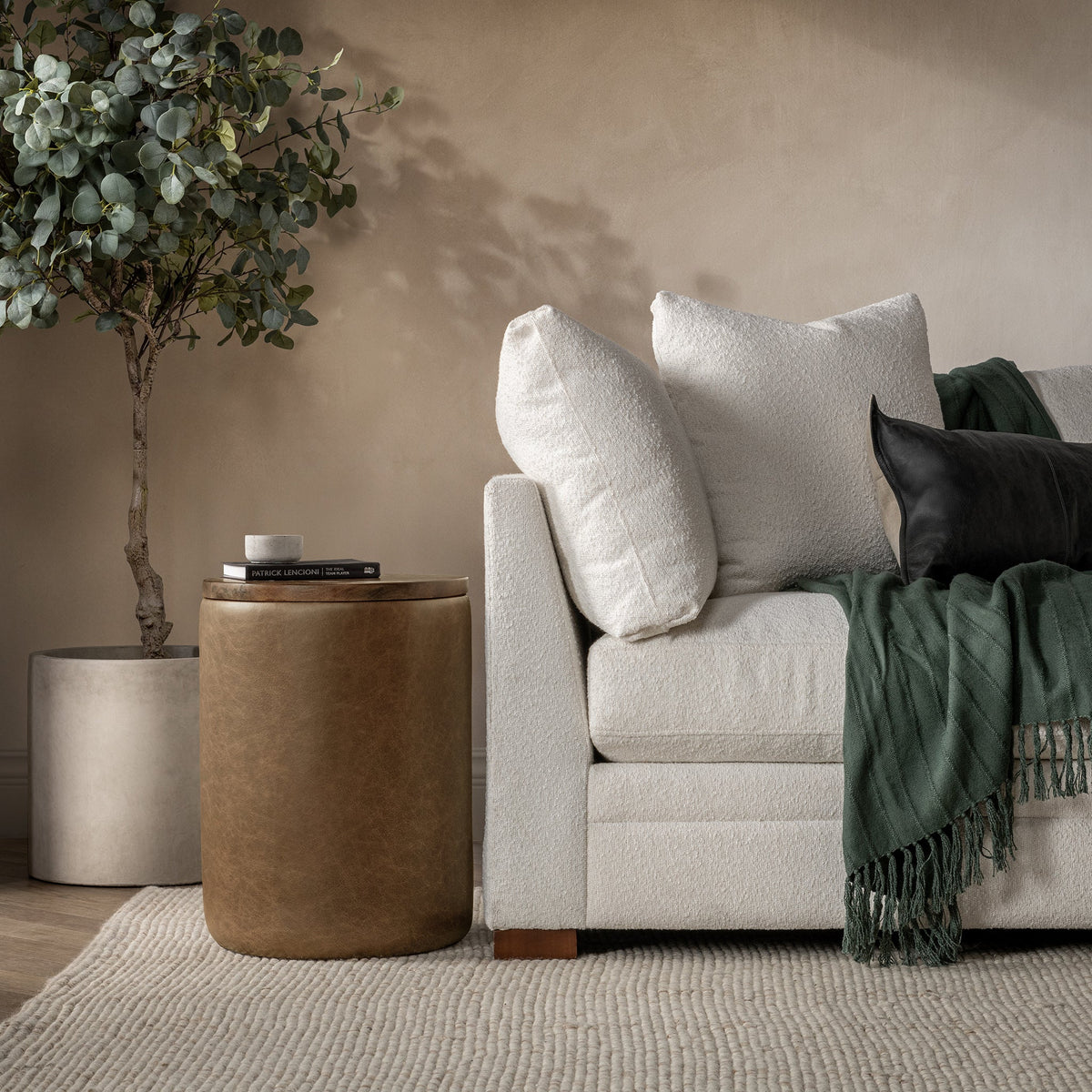 Andra Leather Round Accent Table - Tan