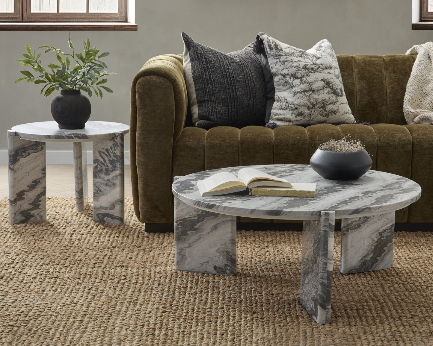 Zora Marble Round Coffee Table - Charcoal Gray