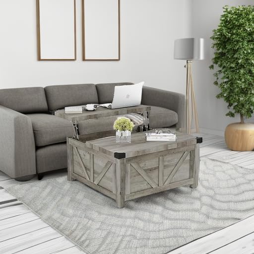 Farmhouse Lift Top Coffee Table with Storage, Wood Square Center Table with Charging Station&USB Port, Living Room Table w/Large Hidden Space, for Living Room, Bedroom, Home Office, Grey