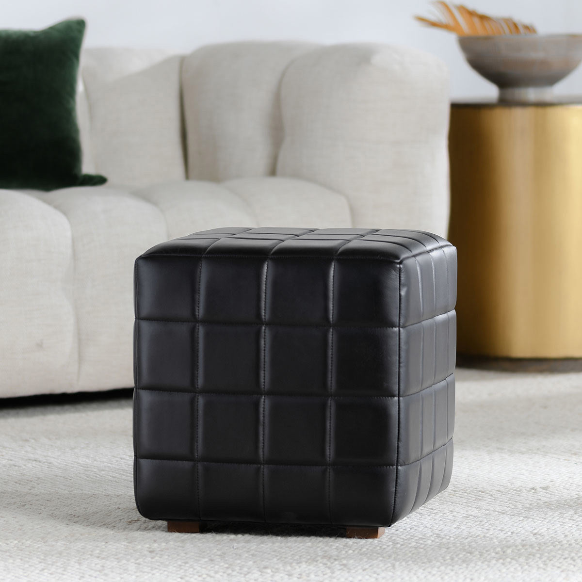Carlo Leather Square Ottoman - Midnight Raven