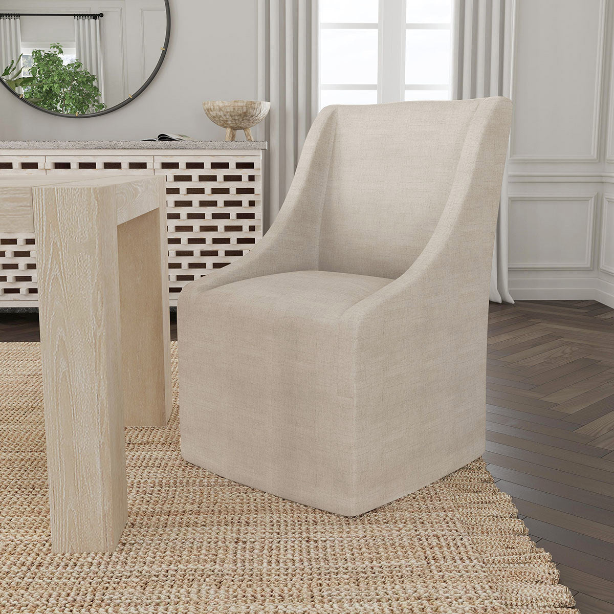 Warwick Upholstered Rolling Dining Chair - Oatmeal