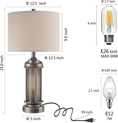Industrial Metal Table Lamps Set of 2 Living Room Bedroom, 2 USB Ports Bedside Lamp with Glass Nightlight, Modern Desk Lamp for Entryway Office End Table, 4 Bulbs Included