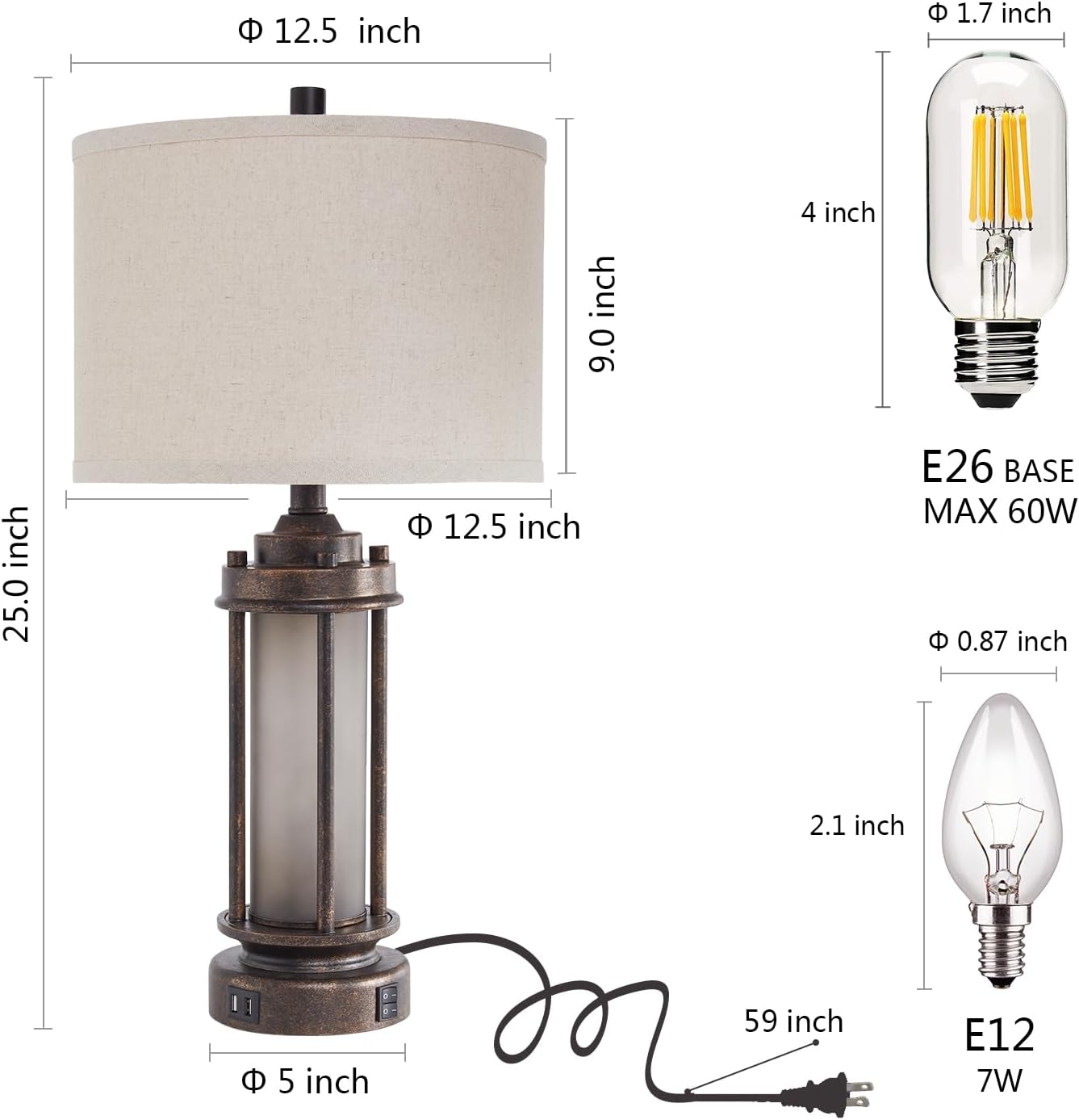 25'' Farmhouse Table Lamp with 2 USB Charging Ports, Rustic Vintage Nightstand Lamp with Frosted Glass Nightlight, Retro Desk Lamp for Living Room Bedroom End Table Entryway, 2 Bulbs Included