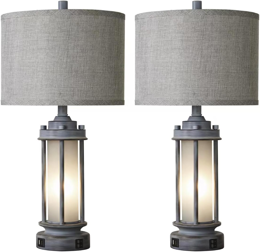 Farmhouse Vintage Nightstand Lamp with 2 USB Ports, Antique Retro Light Green Glass Night Light for Bedroom Entryway, 4 Bulbs Included