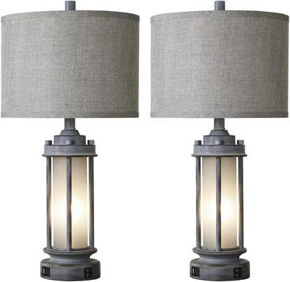 Farmhouse Vintage Nightstand Lamp with 2 USB Ports, Antique Retro Light Green Glass Night Light for Bedroom Entryway, 4 Bulbs Included