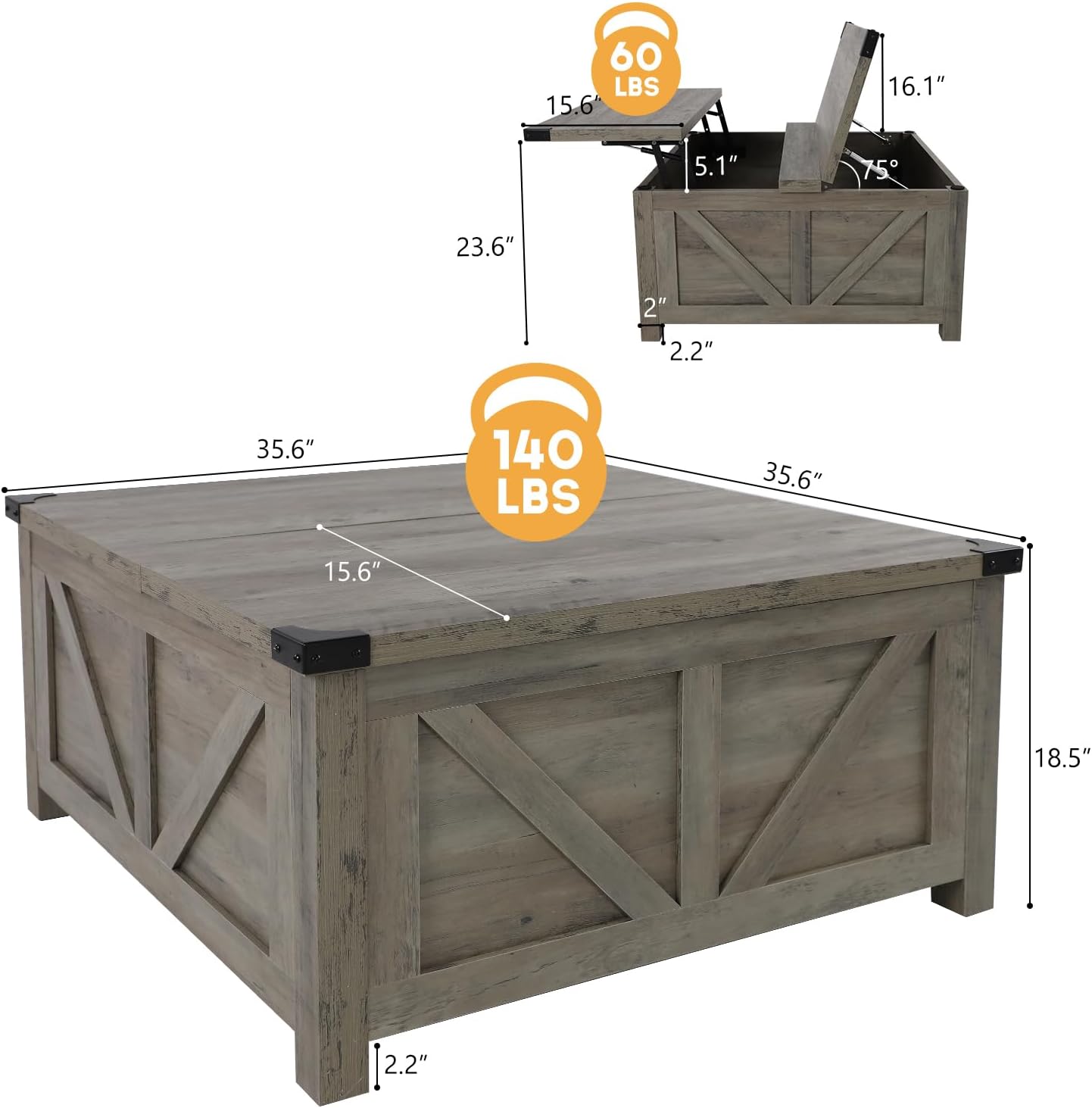 Farmhouse Lift Top Coffee Table with Storage, Wood Square Center Table with Charging Station&USB Port, Living Room Table w/Large Hidden Space, for Living Room, Bedroom, Home Office, Grey