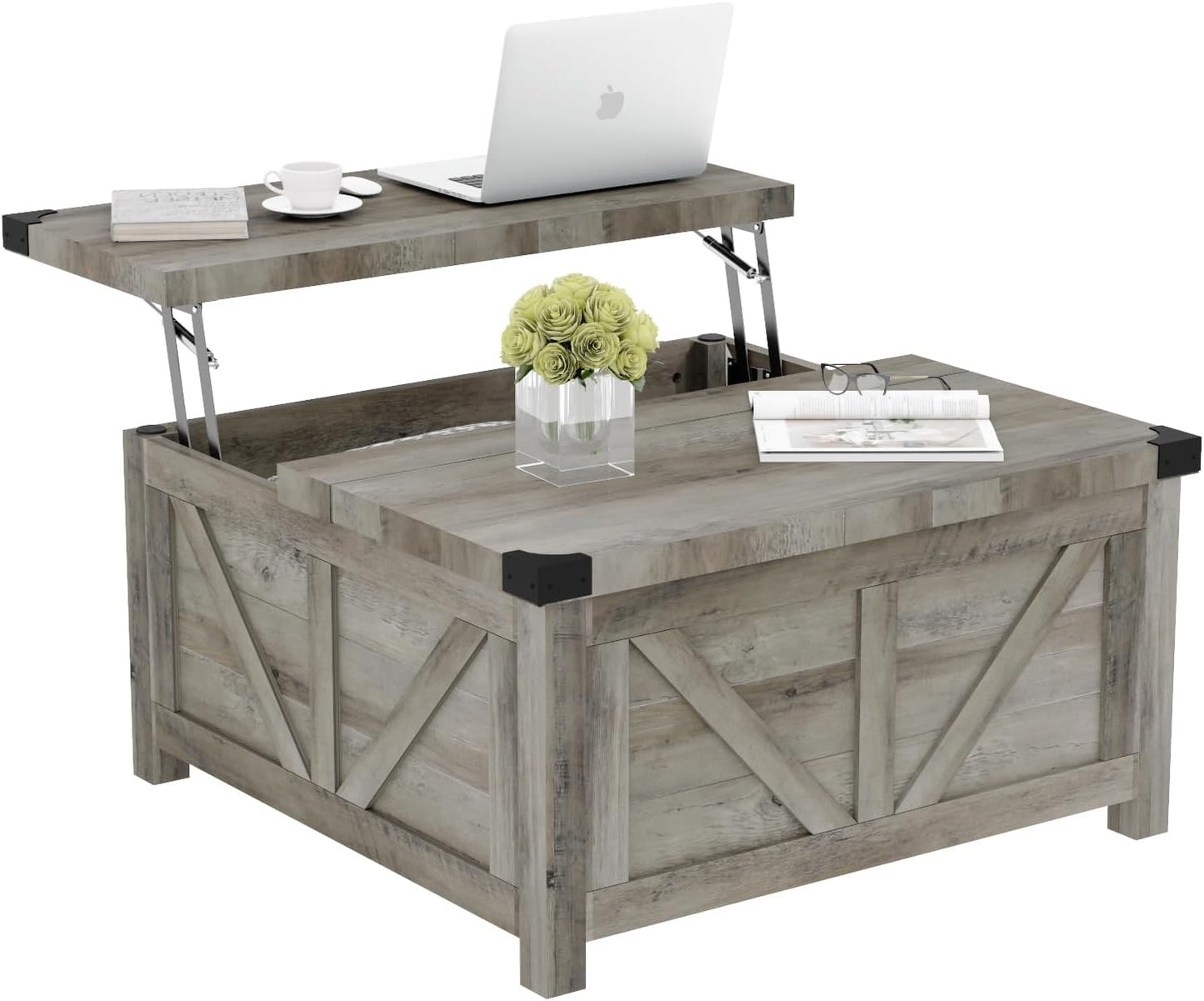 Farmhouse Lift Top Coffee Table with Storage, Wood Square Center Table with Charging Station&USB Port, Living Room Table w/Large Hidden Space, for Living Room, Bedroom, Home Office, Dark Grey