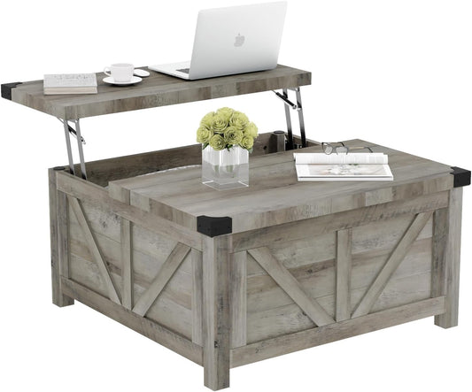 Farmhouse Lift Top Coffee Table with Storage, Wood Square Center Table with Charging Station&USB Port, Living Room Table w/Large Hidden Space, for Living Room, Bedroom, Home Office, Dark Grey