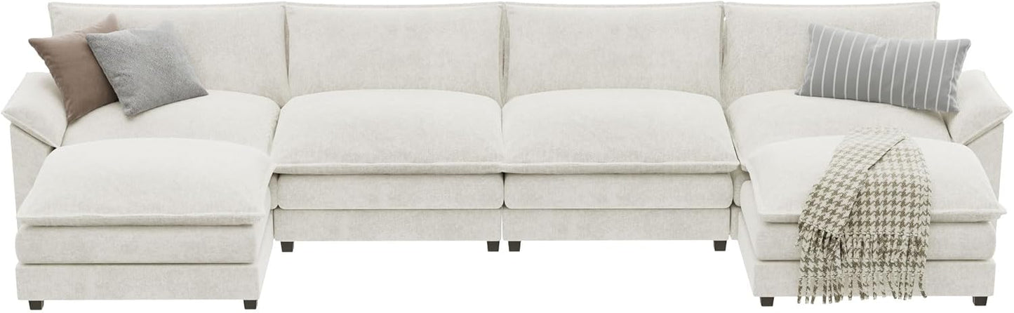 YESHOMY Sectional Modular Sofa U Shaped Chenille Fabric Couch with High Supportive & Soft Sponges and Removable Ottoman, Sleeper Comfy Upholstered Furniture for Living Room, White