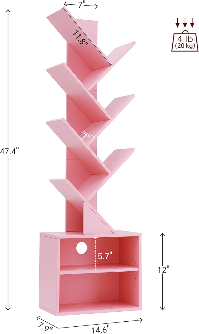 SUNMORY 6 Tier Tree Bookshelf, Tall Bookcase with Storage Cabinet, Modern Narrow Bookshelves Organizer, Floor Standing Book Shelf for Bedroom/Living Room/Home Office/Corner, Pink