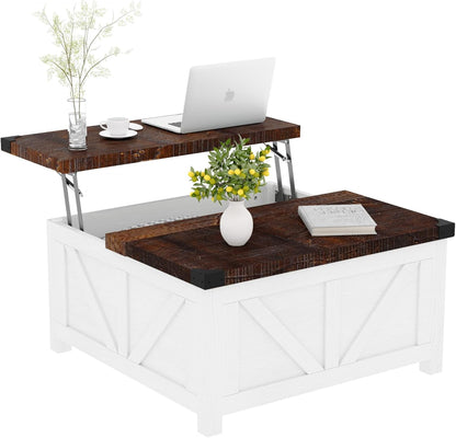 Farmhouse Lift Top Coffee Table with Storage, Wood Square Center Table with Charging Station&USB Port, Living Room Table w/Large Hidden Space, for Living Room, Bedroom, Home Office, White