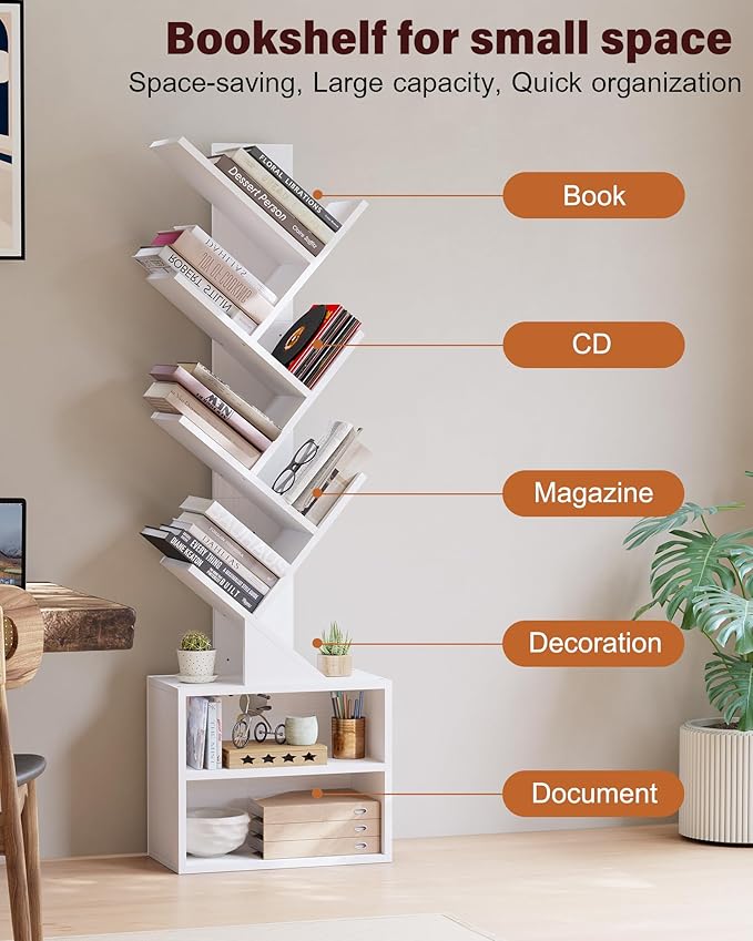 SUNMORY 6 Tier Tree Bookshelf, Tall Bookcase with Storage Cabinet, Modern Narrow Bookshelves Organizer, Floor Standing Book Shelf for Bedroom/Living Room/Home Office/Corner, White