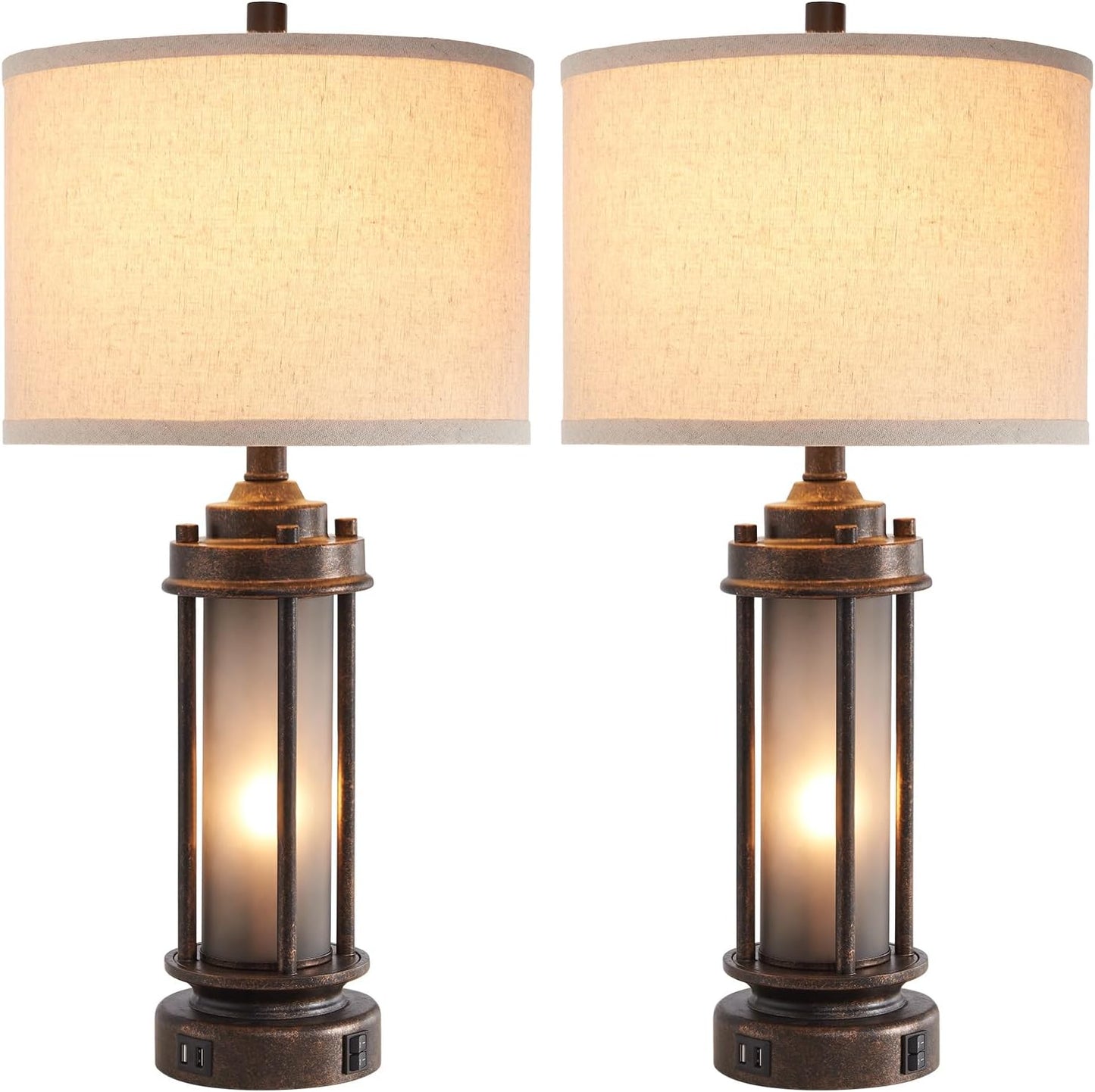 Industrial Metal Table Lamps Set of 2 Living Room Bedroom, 2 USB Ports Bedside Lamp with Glass Nightlight, Modern Desk Lamp for Entryway Office End Table, 4 Bulbs Included