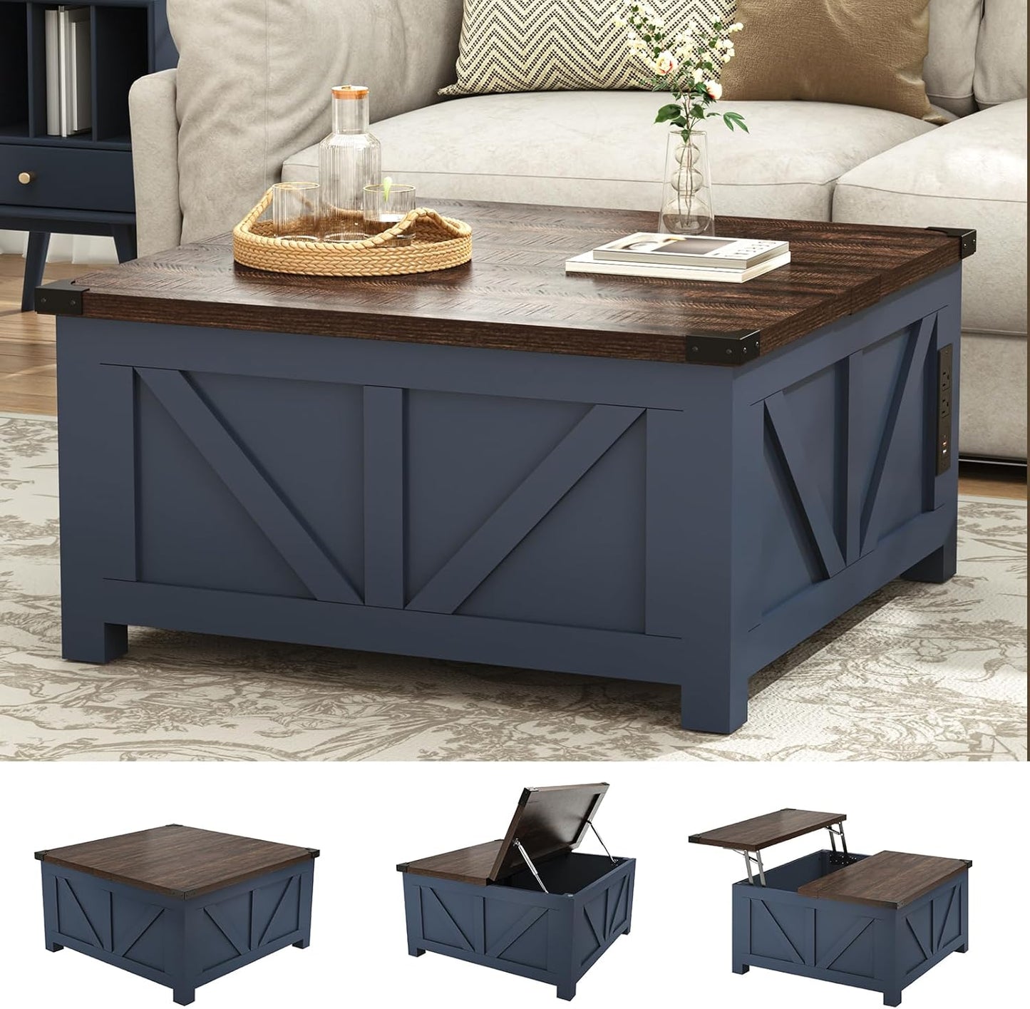 Farmhouse Lift Top Coffee Table with Storage, Wood Square Center Table with Charging Station&USB Port, Living Room Table w/Large Hidden Space, for Living Room, Bedroom, Home Office, Blue