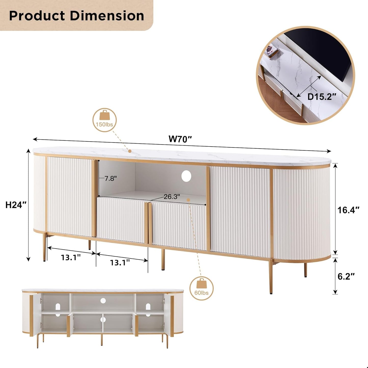 OKD Luxury 70" Fluted TV Stand, Modern Chic Entertainment Center for TVs Up to 80 inches, TV Console with Faux Marble Top, Curved Profile Design, Media Console for Living Room, Off White