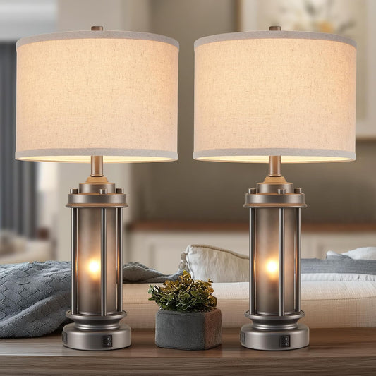 Industrial Metal Table Lamps Set of 2 Living Room Bedroom, 2 USB Ports Bedside Lamp with Glass Nightlight, Modern Desk Lamp for Entryway Office End Table, 4 Bulbs Included