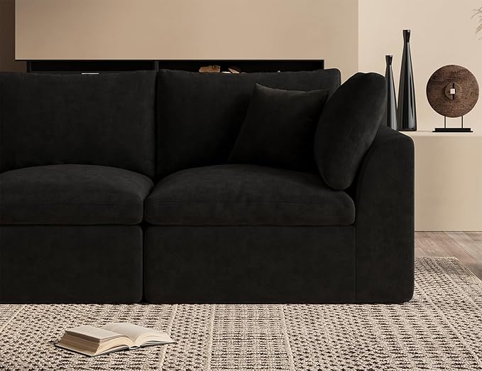 110" Cloud Sectional Couches for Living Room, Boneless L-Shape Couch with Ottoman, 3 Seater Modular Sectional Sofa, Black
