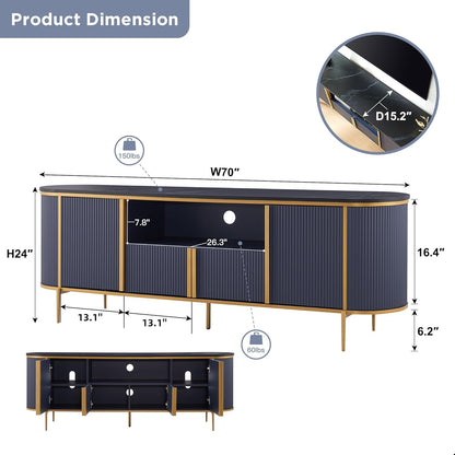 OKD Luxury 70" Fluted TV Stand, Modern Chic Entertainment Center for TVs Up to 80 inches, TV Console with Faux Marble Top, Curved Profile Design, Media Console for Living Room, Navy Blue