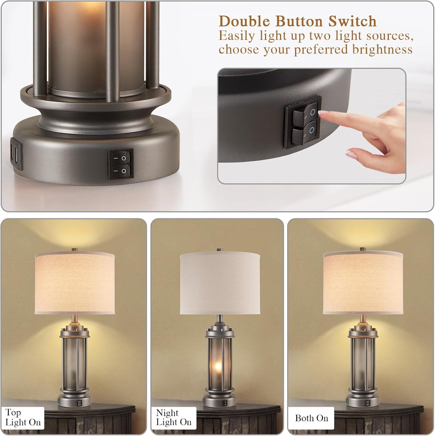 Industrial Metal Table Lamps Set of 2 Living Room Bedroom, 2 USB Ports Bedside Lamp with Glass Nightlight, Modern Desk Lamp for Entryway Office End Table, 4 Bulbs Included