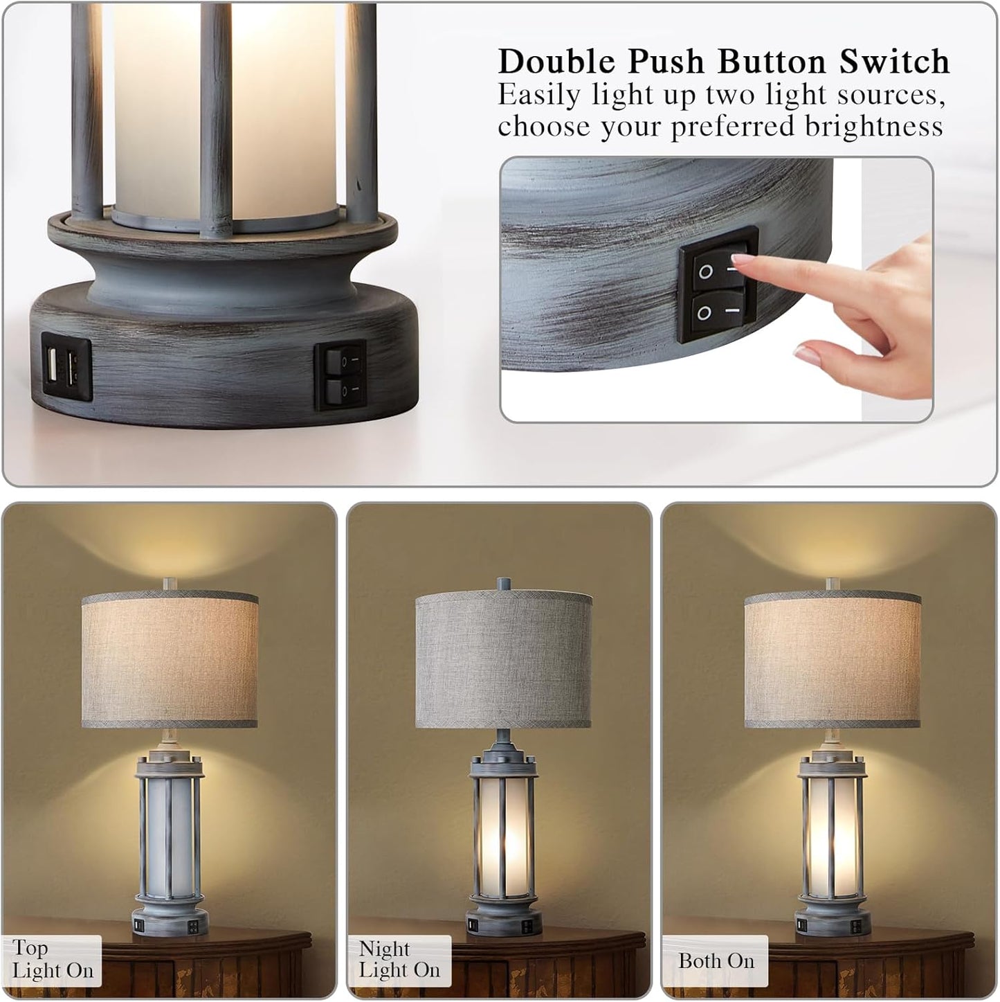 Farmhouse Vintage Nightstand Lamp with 2 USB Ports, Antique Retro Light Green Glass Night Light for Bedroom Entryway, 4 Bulbs Included