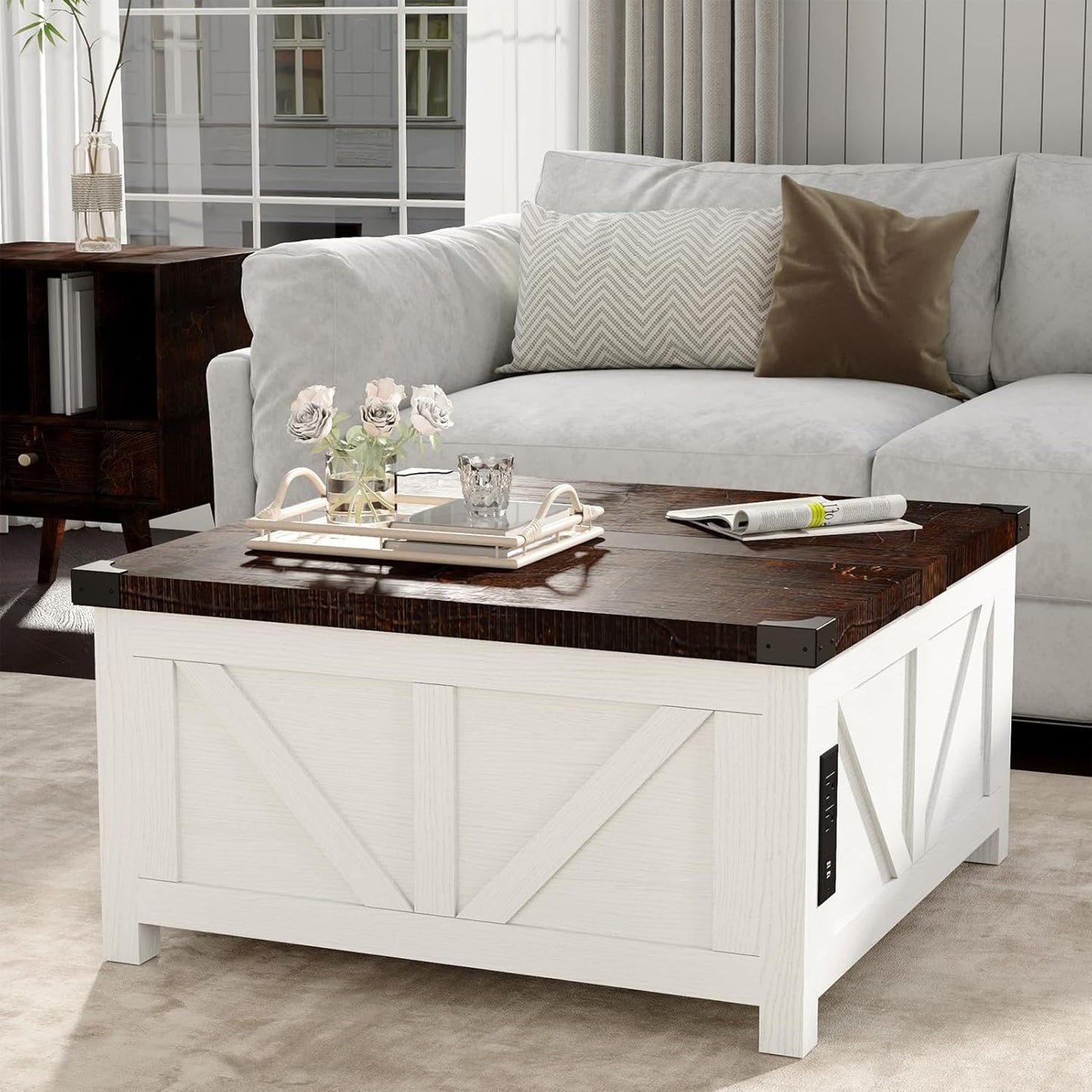 Farmhouse Lift Top Coffee Table with Storage, Wood Square Center Table with Charging Station&USB Port, Living Room Table w/Large Hidden Space, for Living Room, Bedroom, Home Office, White