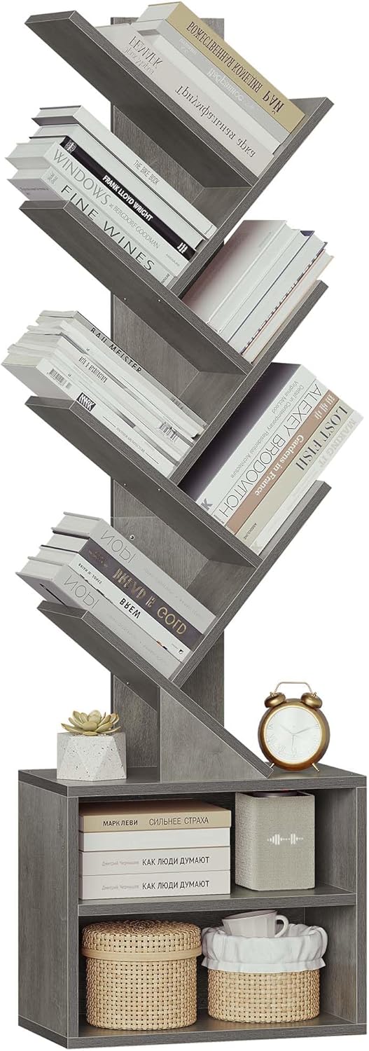 SUNMORY 6 Tier Tree Bookshelf, Tall Bookcase with Storage Cabinet, Modern Narrow Bookshelves Organizer, Floor Standing Book Shelf for Bedroom/Living Room/Home Office/Corner, Grey