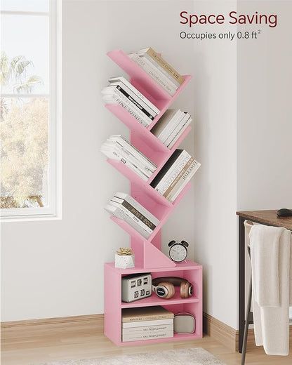 SUNMORY 6 Tier Tree Bookshelf, Tall Bookcase with Storage Cabinet, Modern Narrow Bookshelves Organizer, Floor Standing Book Shelf for Bedroom/Living Room/Home Office/Corner, Pink