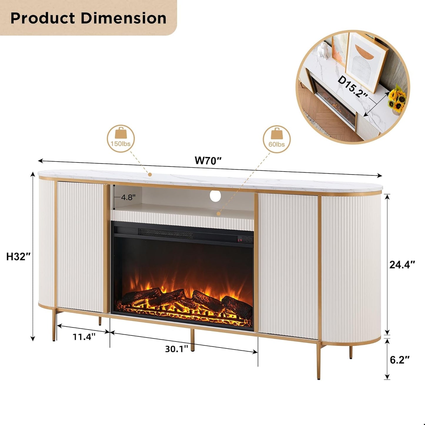 OKD Luxury 70" Fluted Fireplace TV Stand, Modern Chic Entertainment Center for TVs Up to 80 inches, TV Console with Faux Marble Top, Curved Profile Design, Media Console for Living Room, Off White