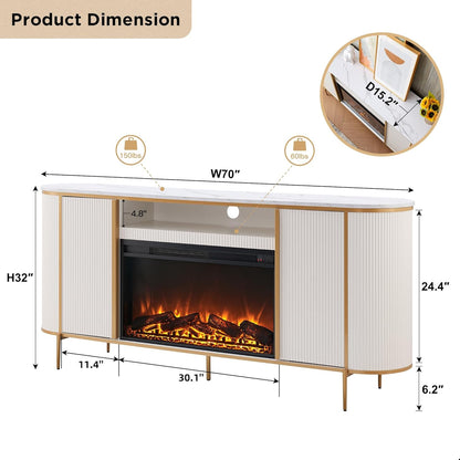 OKD Luxury 70" Fluted Fireplace TV Stand, Modern Chic Entertainment Center for TVs Up to 80 inches, TV Console with Faux Marble Top, Curved Profile Design, Media Console for Living Room, Off White