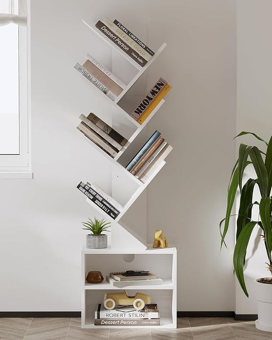 SUNMORY 6 Tier Tree Bookshelf, Tall Bookcase with Storage Cabinet, Modern Narrow Bookshelves Organizer, Floor Standing Book Shelf for Bedroom/Living Room/Home Office/Corner, White