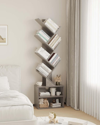 SUNMORY 6 Tier Tree Bookshelf, Tall Bookcase with Storage Cabinet, Modern Narrow Bookshelves Organizer, Floor Standing Book Shelf for Bedroom/Living Room/Home Office/Corner, Grey