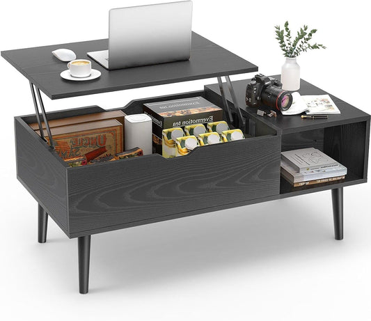Sweetcrispy Lift Top Coffee Tables for Living Room, Small Rising Wooden Dining Center Tables with Storage Shelf and Hidden Compartment, Classic Black