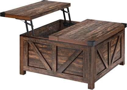 Farmhouse Lift Top Coffee Table with Storage, Wood Square Center Table with Charging Station&USB Port, Living Room Table w/Large Hidden Space, for Living Room, Bedroom, Home Office, Brown
