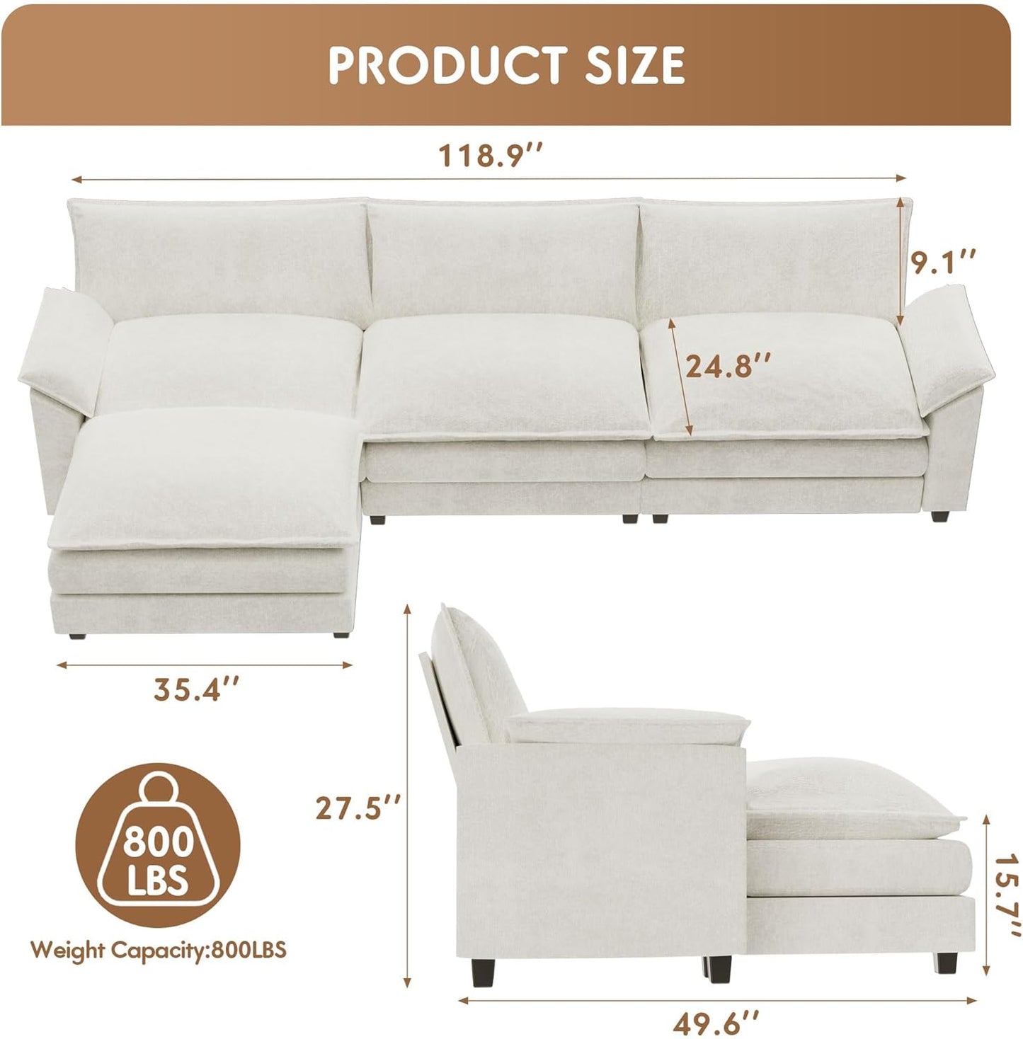 YESHOMY Sectional Modular Sofa L Shaped Chenille Fabric Couch with High Supportive & Soft Sponges and Removable Ottoman, Sleeper Comfy Upholstered Furniture for Living Room, White