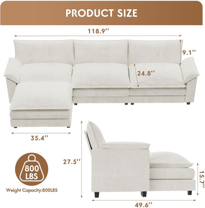 YESHOMY Sectional Modular Sofa L Shaped Chenille Fabric Couch with High Supportive & Soft Sponges and Removable Ottoman, Sleeper Comfy Upholstered Furniture for Living Room, White